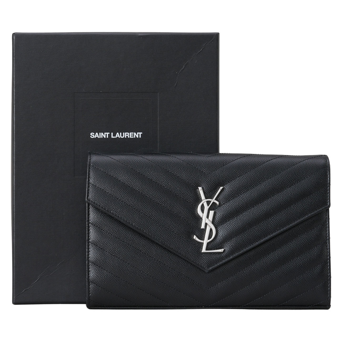 YVES SAINT LAURENT(USED)생로랑 377828 모노그램 쉐브론 체인 숄더백 블랙은장